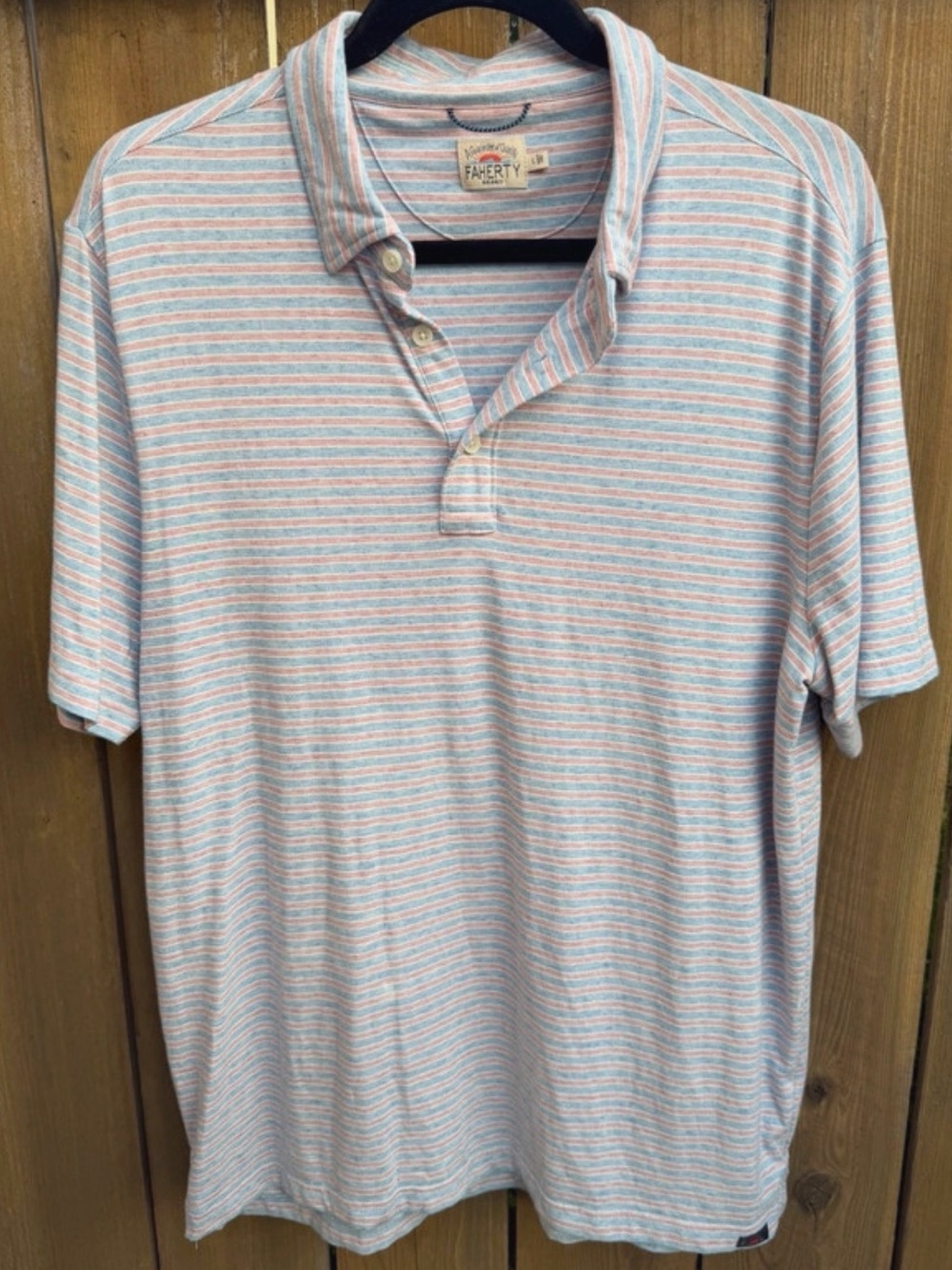 Faherty Short Sleeve Striped Polo in Light Blue and Coral size L